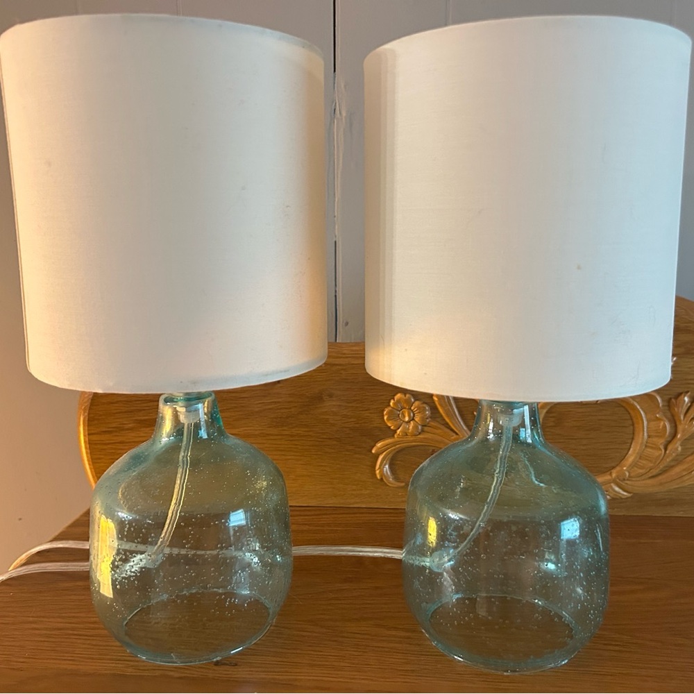 Blue Glass Base Lamps with White Shades